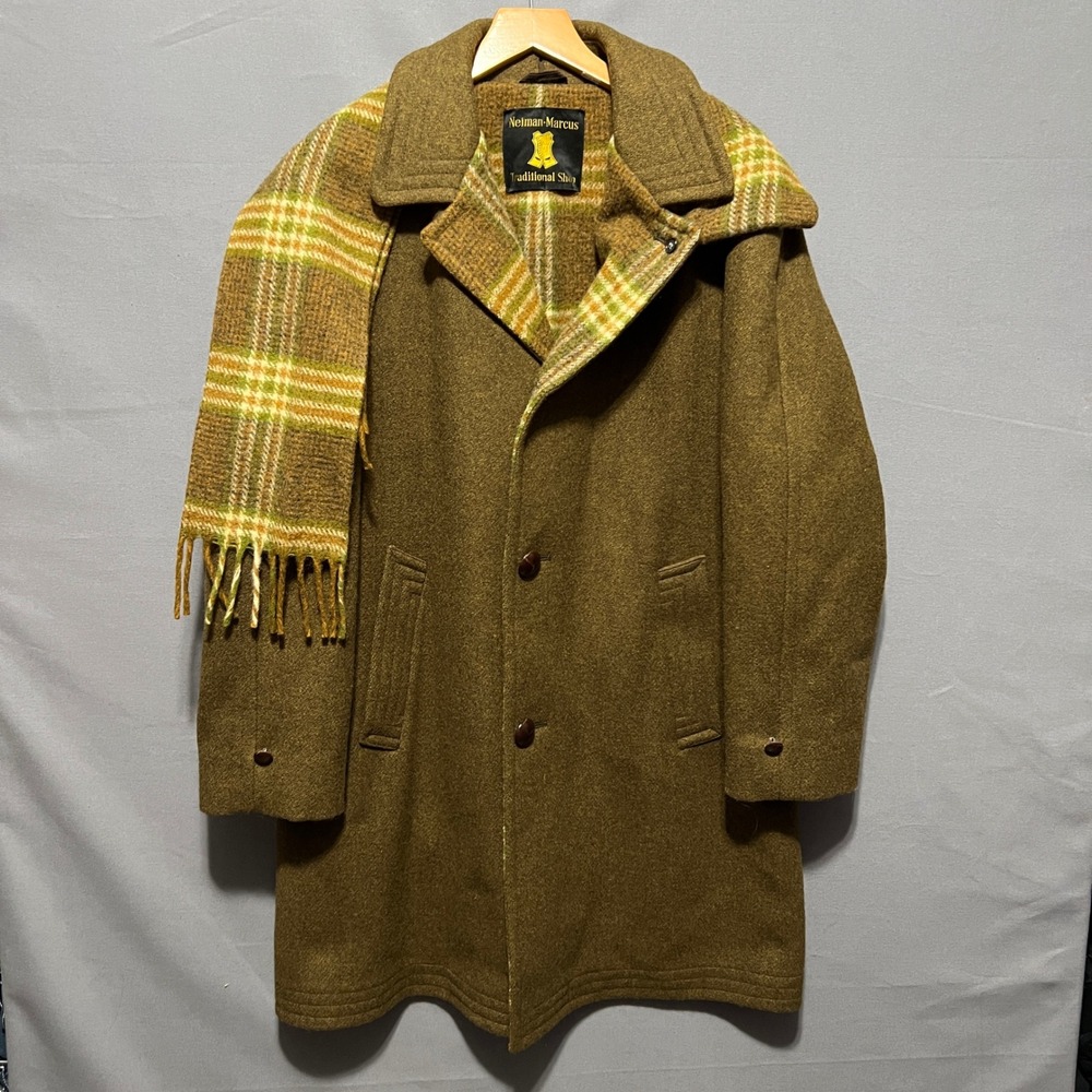 Vintage Neiman Marcus Traditional Shop Heavy Wool Coat Mens 38 Brown Green Plaid